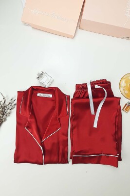 İpek Saten Boydan Düğmeli Kadın Pijama Takımı - Bordo Erkek Yaka Fiyonklu 8004MS - Miss Merveille