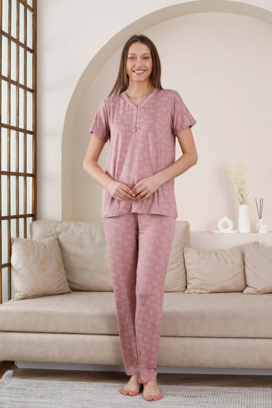 Kısa Kollu Bayan Pijama Takımı - Gülkurusu Çiçek Desen Likralı Viskon 2851KY - 1
