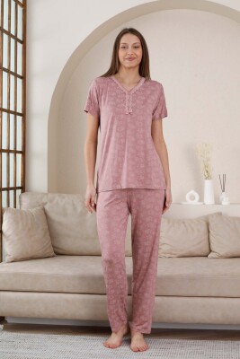 Kısa Kollu Bayan Pijama Takımı - Gülkurusu Çiçek Desen Likralı Viskon 2851KY - 2