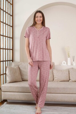 Kısa Kollu Bayan Pijama Takımı - Gülkurusu Çiçek Desen Likralı Viskon 2851KY - 3