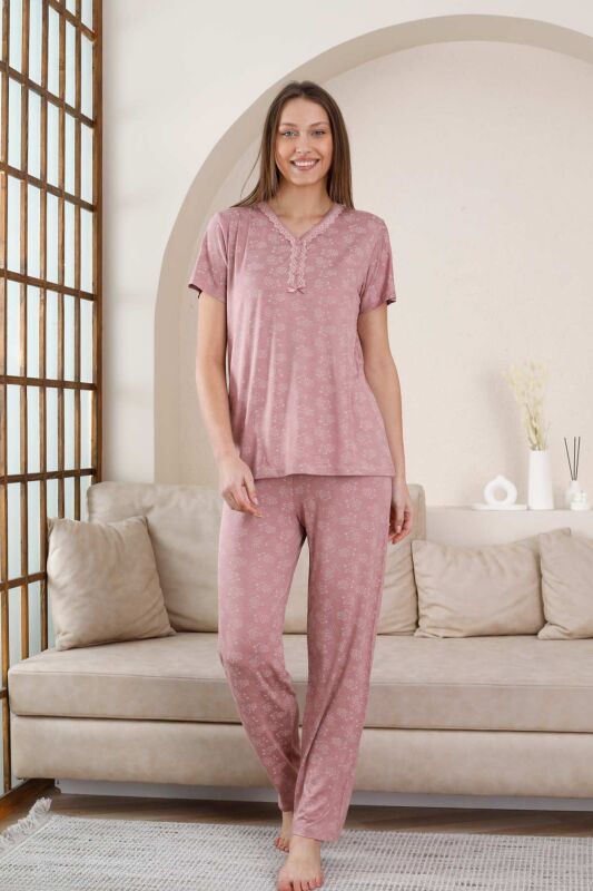 Kısa Kollu Bayan Pijama Takımı - Gülkurusu Çiçek Desen Likralı Viskon 2851KY - 3