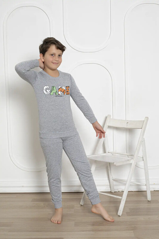 Kışlık Erkek Çocuk Pijaması - Gri Renk İki İplik Baskılı 5172UKL - Alimer