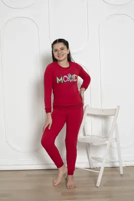 Kışlık Kız Çocuk Pijaması - Kırmızı Renk İki İplik Baskılı 5171UKL - Alimer (1)