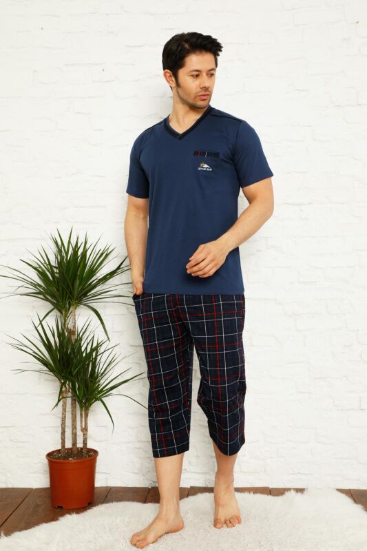 Koyu İndigo Ekoseli Bermuda Erkek Pijama Takımı 1167B - 1