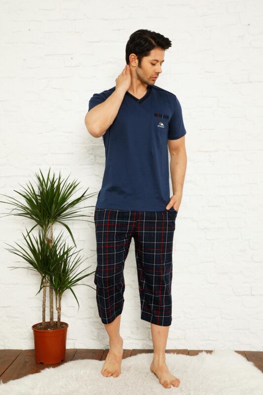 Koyu İndigo Ekoseli Bermuda Erkek Pijama Takımı 1167B - 2