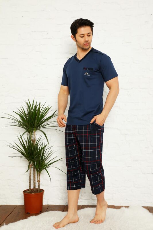 Koyu İndigo Ekoseli Bermuda Erkek Pijama Takımı 1167B - 3