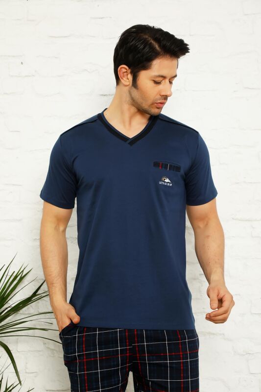 Koyu İndigo Ekoseli Bermuda Erkek Pijama Takımı 1167B - 4