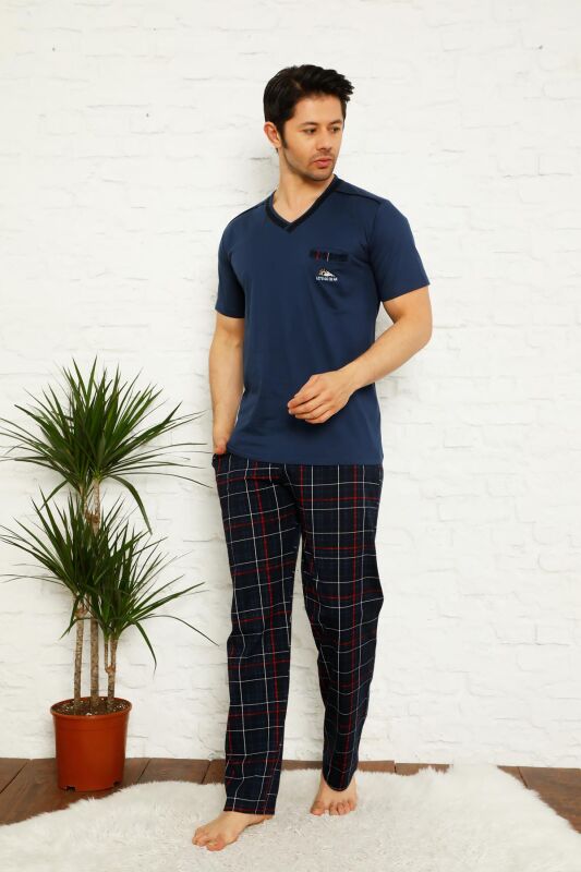 Koyu İndigo Ekoseli Kısa Kollu Erkek Pijama Takımı 1167KY - 1