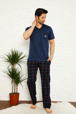 Koyu İndigo Ekoseli Kısa Kollu Erkek Pijama Takımı 1167KY - 3