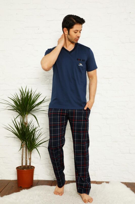 Koyu İndigo Ekoseli Kısa Kollu Erkek Pijama Takımı 1167KY - 3