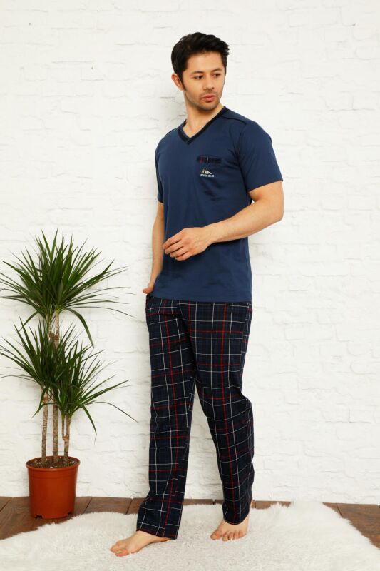 Koyu İndigo Ekoseli Kısa Kollu Erkek Pijama Takımı 1167KY - 4