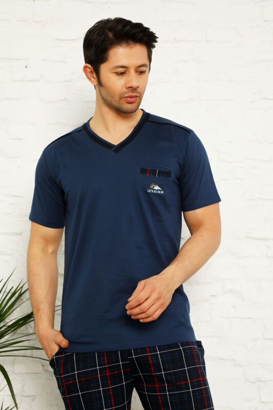 Koyu İndigo Ekoseli Kısa Kollu Erkek Pijama Takımı 1167KY - 2