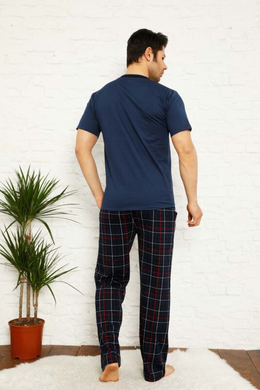 Koyu İndigo Ekoseli Kısa Kollu Erkek Pijama Takımı 1167KY - 5