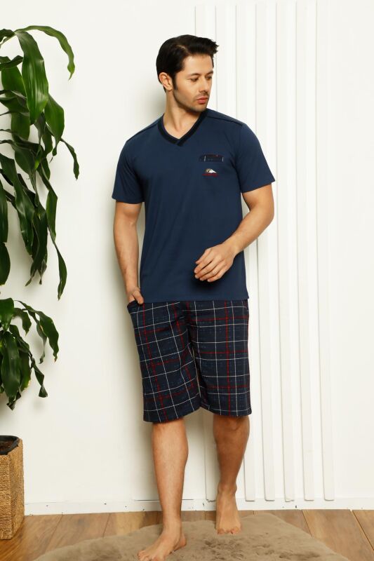Koyu İndigo Ekoseli Şortlu Erkek Pijama Takımı 1167ŞT - 1