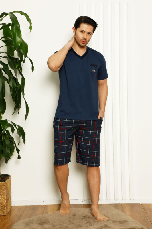 Koyu İndigo Ekoseli Şortlu Erkek Pijama Takımı 1167ŞT - 2