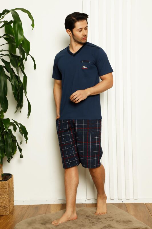 Koyu İndigo Ekoseli Şortlu Erkek Pijama Takımı 1167ŞT - 3