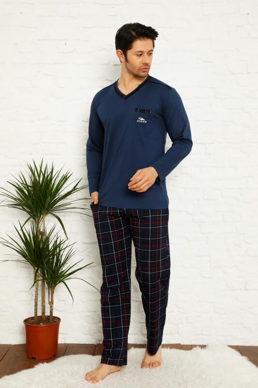 Koyu İndigo Ekoseli Uzun Kollu Erkek Pijama Takımı 1167UY - 1