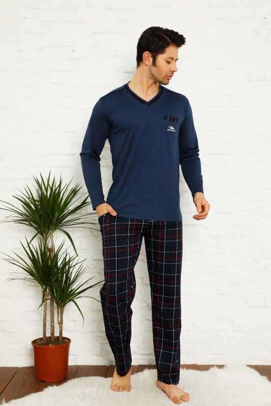 Koyu İndigo Ekoseli Uzun Kollu Erkek Pijama Takımı 1167UY - 2