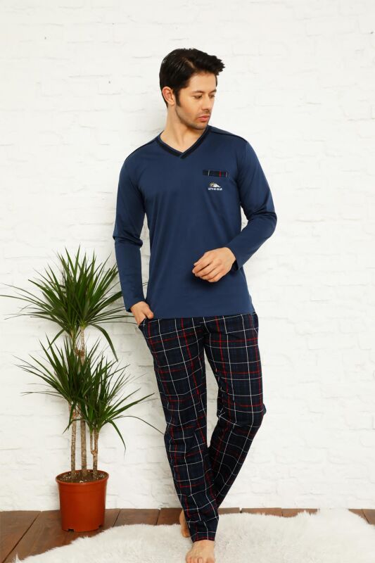 Koyu İndigo Ekoseli Uzun Kollu Erkek Pijama Takımı 1167UY - 4
