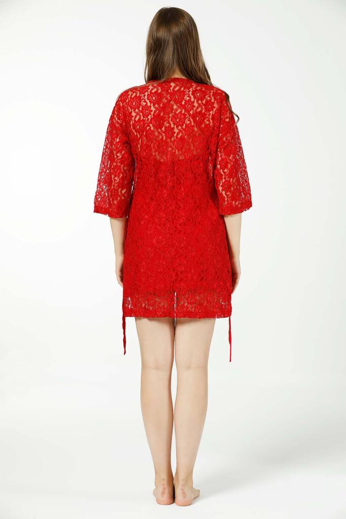 Kırmız Güpür Gecelik Sabahlık Seti 2437 - 2