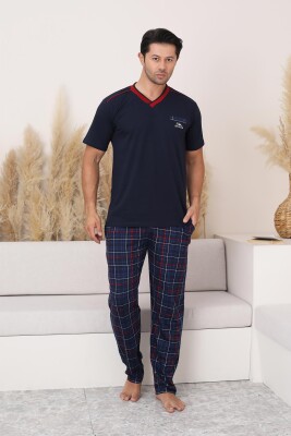 Lacivert Ekoseli Kısa Kollu Erkek Pijama Takımı 1167KY - 1