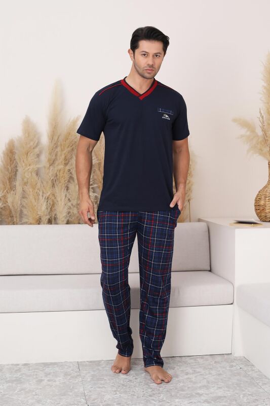 Lacivert Ekoseli Kısa Kollu Erkek Pijama Takımı 1167KY - 1