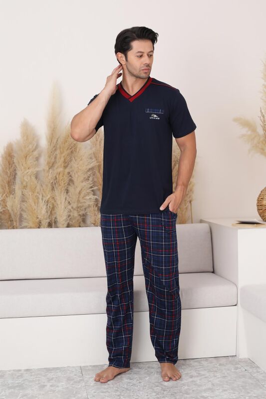 Lacivert Ekoseli Kısa Kollu Erkek Pijama Takımı 1167KY - 2
