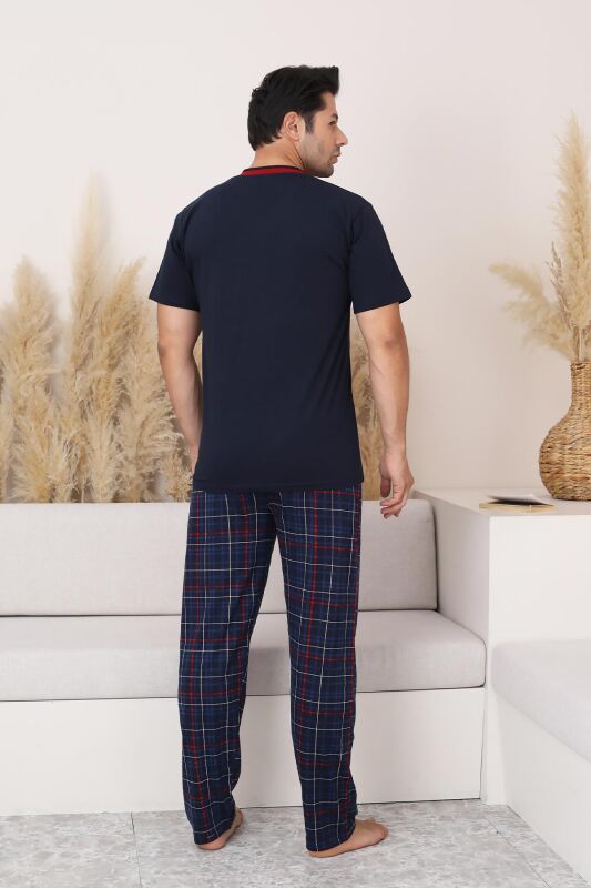 Lacivert Ekoseli Kısa Kollu Erkek Pijama Takımı 1167KY - 4