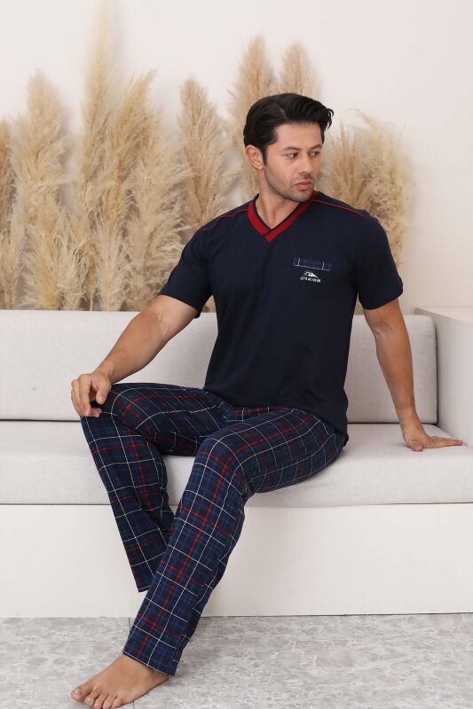 Lacivert Ekoseli Kısa Kollu Erkek Pijama Takımı 1167KY - 3