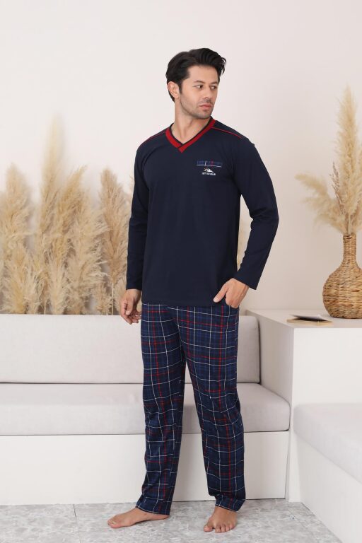 Lacivert Ekoseli Uzun Kollu Erkek Pijama Takımı 1167UY - Alimer