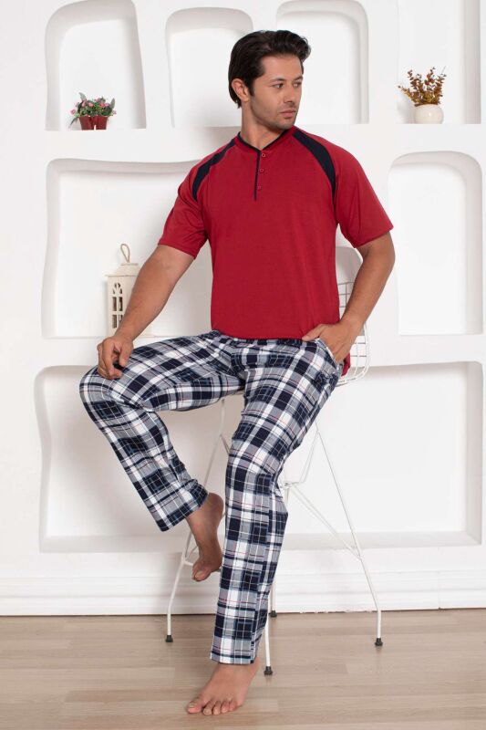 Bordo Kareli Kısa Kollu Erkek Pijama Takımı 1206KY - 1
