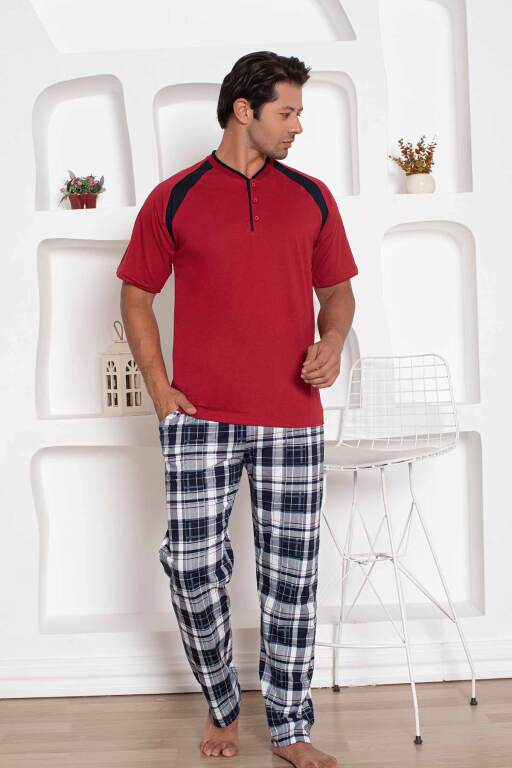 Bordo Kareli Kısa Kollu Erkek Pijama Takımı 1206KY - 3