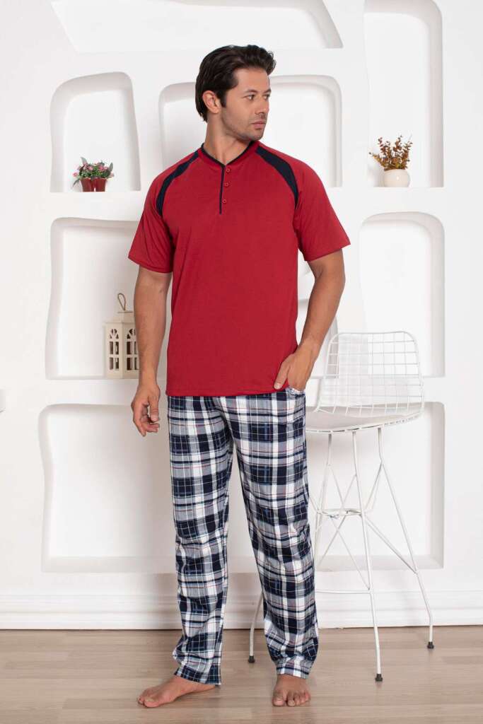 Bordo Kareli Kısa Kollu Erkek Pijama Takımı 1206KY - 1