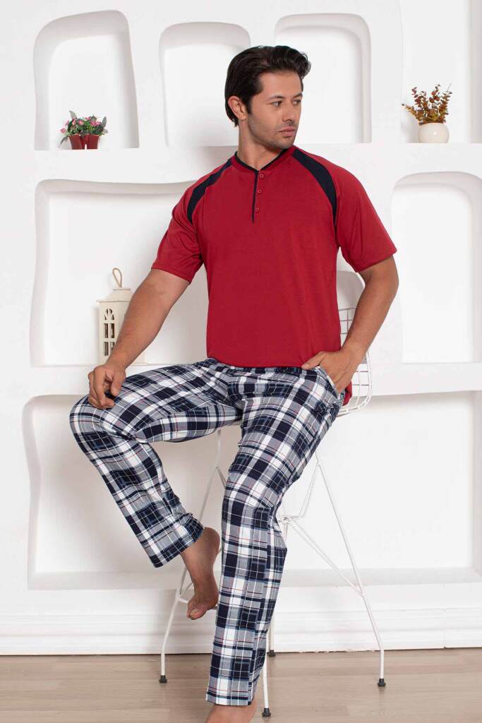 Bordo Kareli Kısa Kollu Erkek Pijama Takımı 1206KY - 2