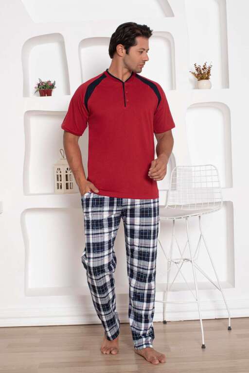 Bordo Kareli Kısa Kollu Erkek Pijama Takımı 1206KY - 4