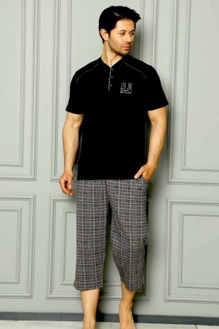 Lacivert Kareli Bermuda Cepli Penye Erkek Pijama Takımı 1162B - 2