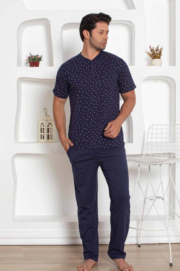 Lacivert Desenli Kısa Kollu Erkek Pijama Takımı 1205KY - 1