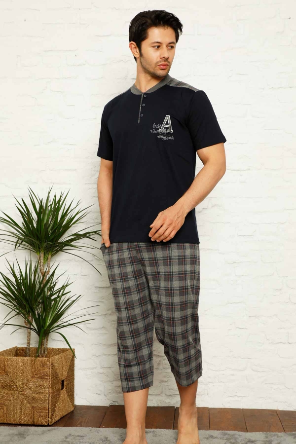Lacivert Ekoseli Kapri Penye Erkek Pijama Takımı 1153B - 2
