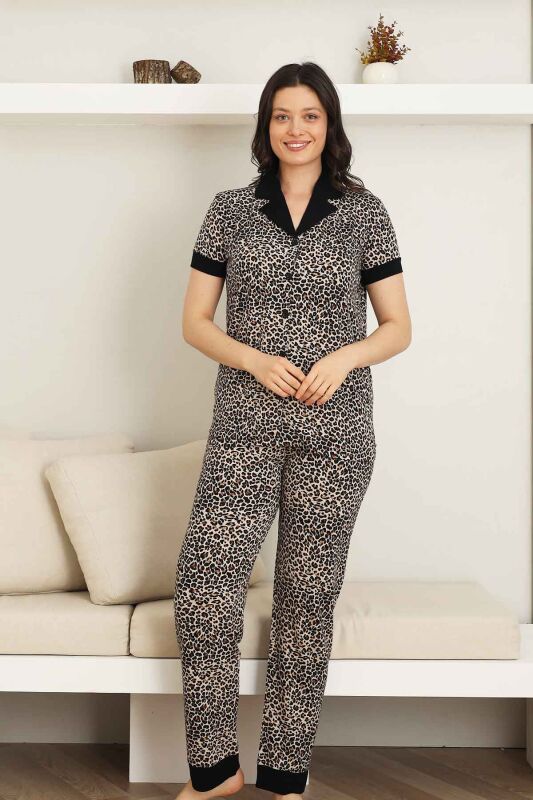 Leopar desenli Kadın Pijama Takımı - Bambu Likralı Kumaş Önden düğmeli Kısa Kol 2719KY - 1