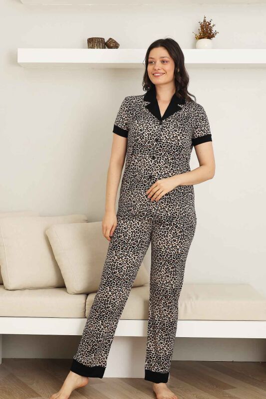 Leopar desenli Kadın Pijama Takımı - Bambu Likralı Kumaş Önden düğmeli Kısa Kol 2719KY - 3