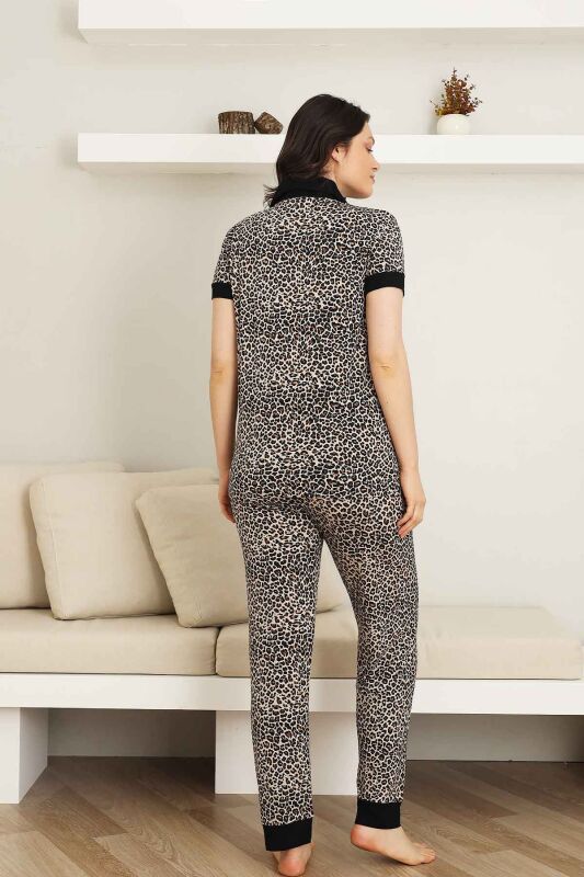 Leopar desenli Kadın Pijama Takımı - Bambu Likralı Kumaş Önden düğmeli Kısa Kol 2719KY - 5