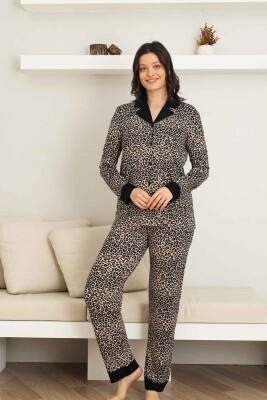 Leopar desenli Kadın Pijama Takımı - Bambu Likralı Kumaş Önden düğmeli Uzun Kol 2719UY - Alimer