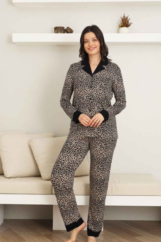Leopar desenli Kadın Pijama Takımı - Bambu Likralı Kumaş Önden düğmeli Uzun Kol 2719UY - 1