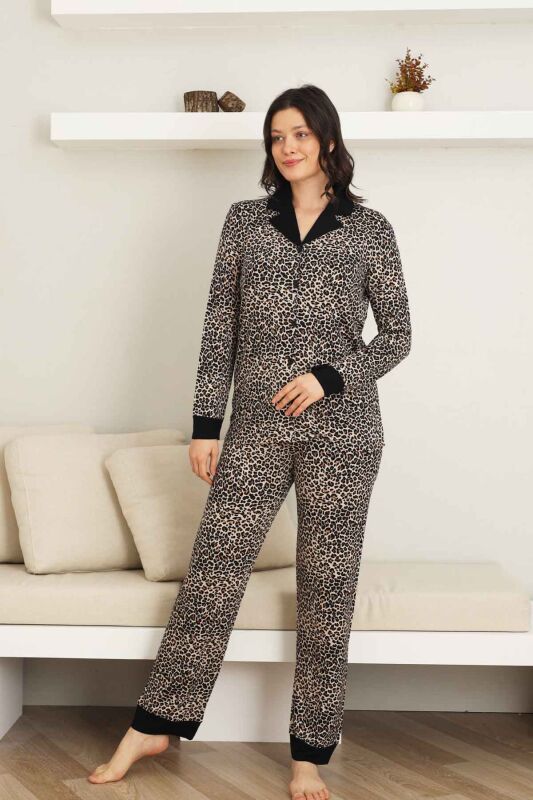 Leopar desenli Kadın Pijama Takımı - Bambu Likralı Kumaş Önden düğmeli Uzun Kol 2719UY - 3