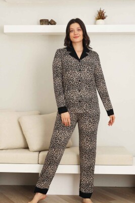 Leopar desenli Kadın Pijama Takımı - Bambu Likralı Kumaş Önden düğmeli Uzun Kol 2719UY - 4