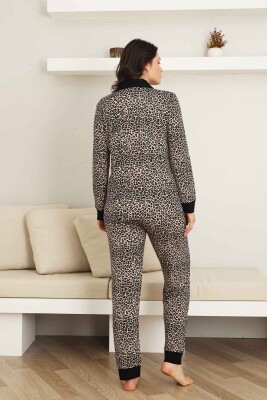 Leopar desenli Kadın Pijama Takımı - Bambu Likralı Kumaş Önden düğmeli Uzun Kol 2719UY - 5
