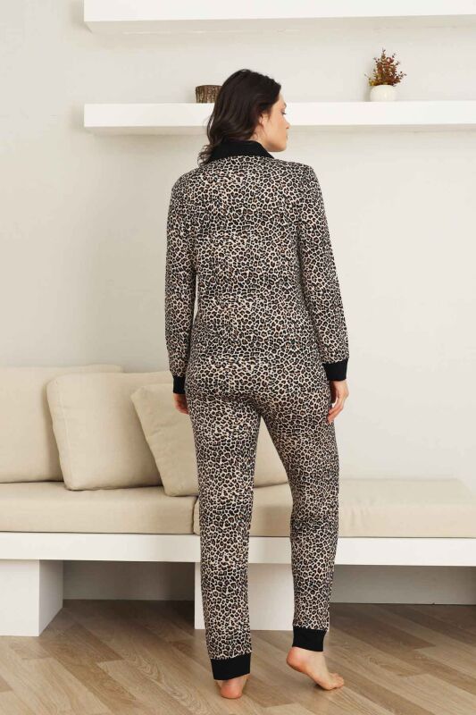 Leopar desenli Kadın Pijama Takımı - Bambu Likralı Kumaş Önden düğmeli Uzun Kol 2719UY - 5
