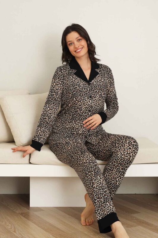 Leopar desenli Kadın Pijama Takımı - Bambu Likralı Kumaş Önden düğmeli Uzun Kol 2719UY - 2