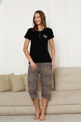 Leopar desenli Kadın Pijama Takımı - Fiyonk Nakışlı Kapri Likralı 2805B - 3