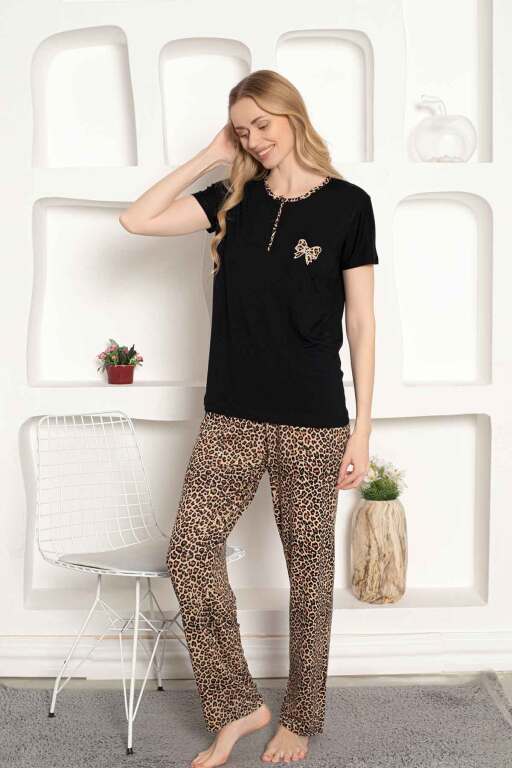Leopar desenli Kadın Pijama Takımı - Fiyonk Nakışlı Likralı 2805KY - 3